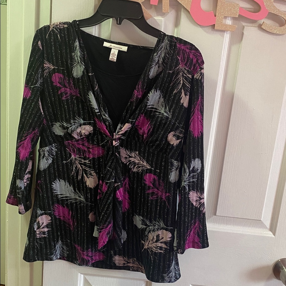 JM Collection Black Top with Pink and Gray Accents
